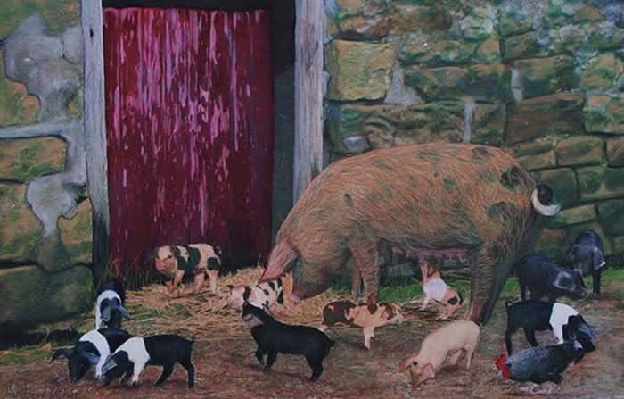 Painting of Pigs in a yard